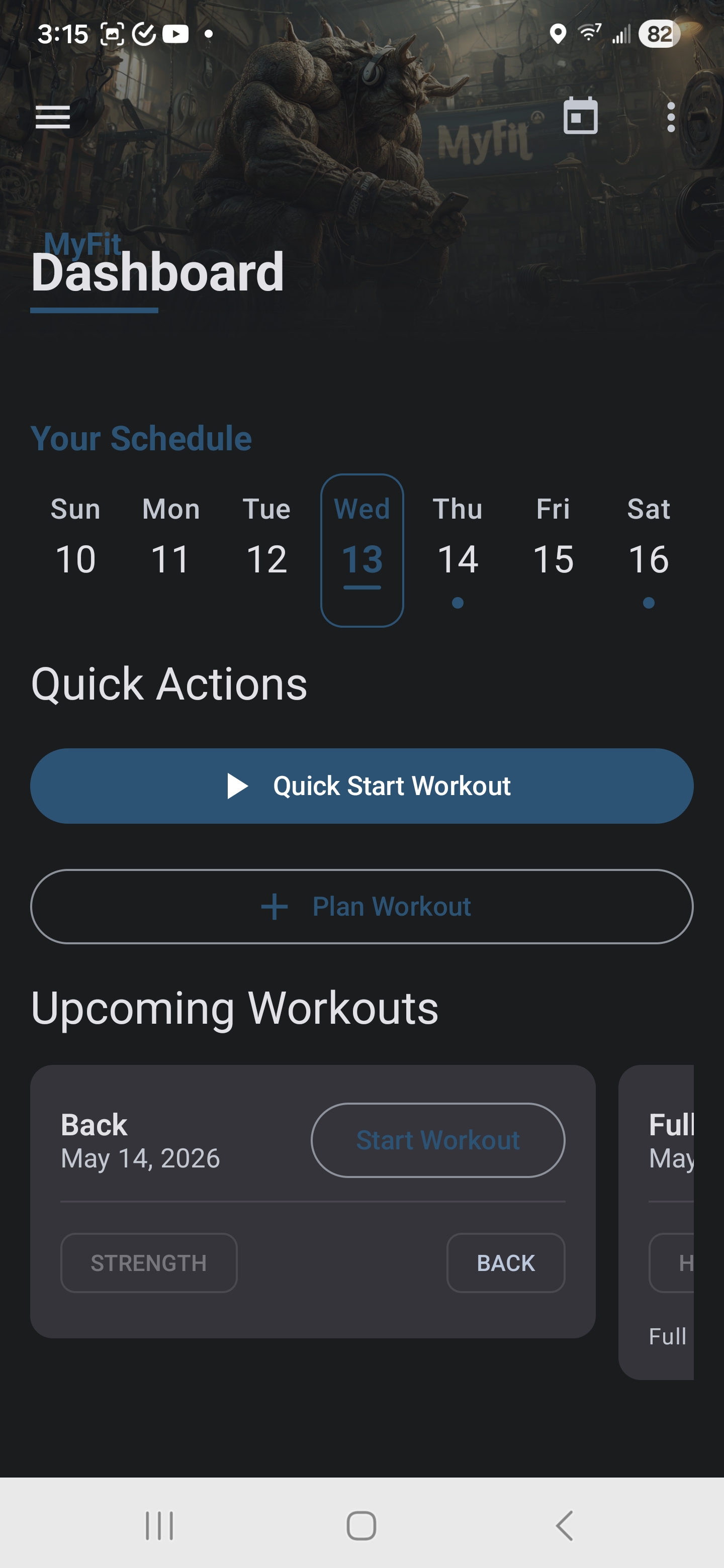 Dashboard with workouts