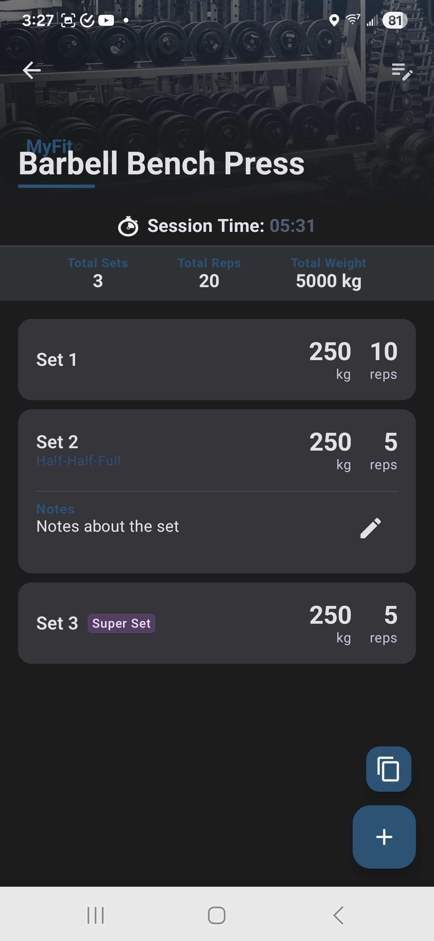 MyFit exercise tracking - sets and reps logged