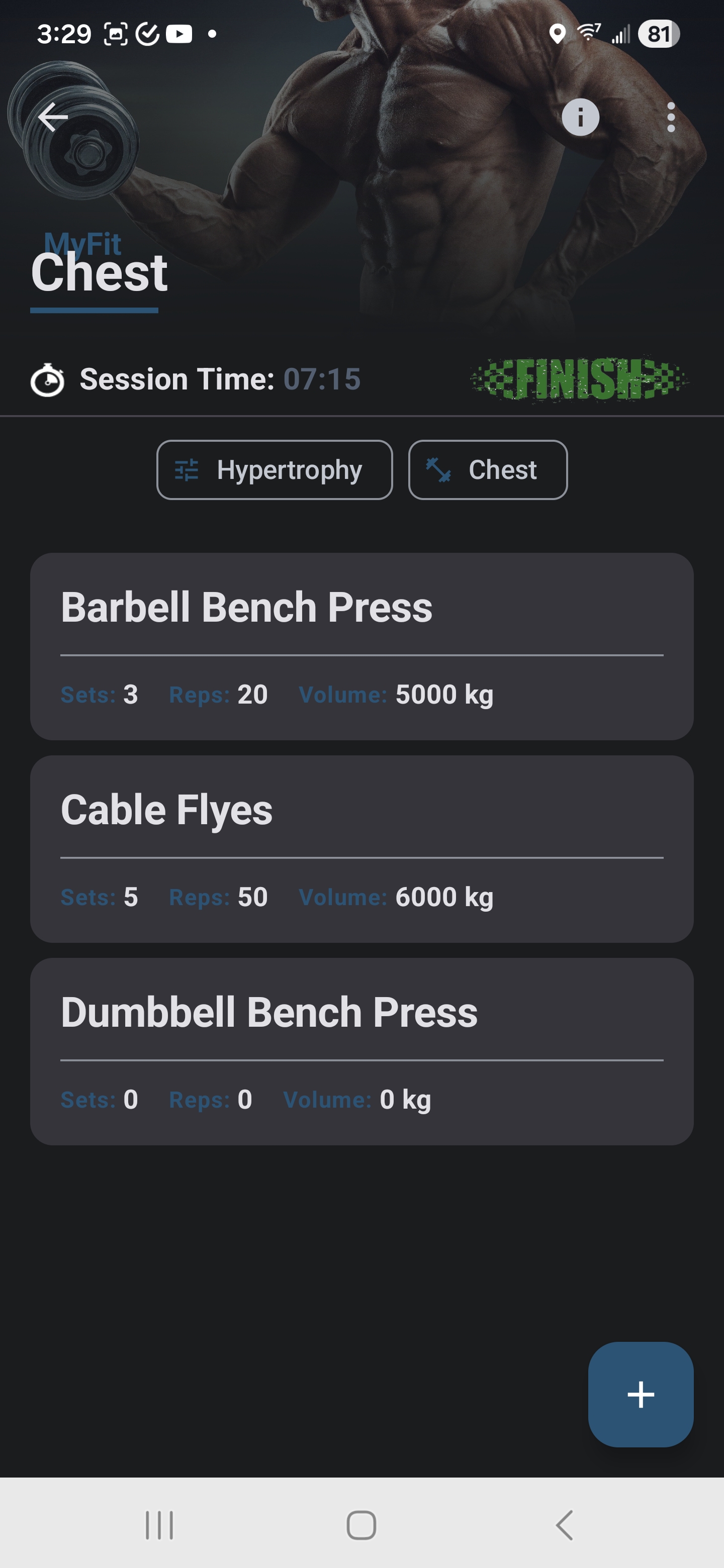 MyFit workout session overview with exercise stats