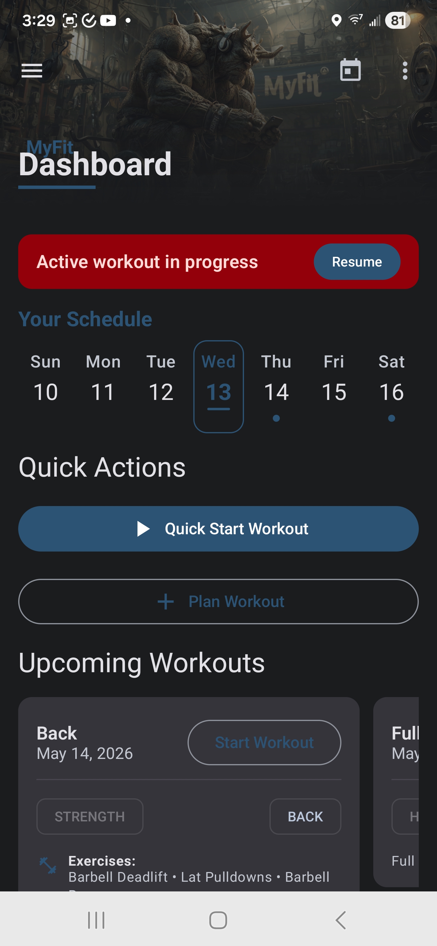 MyFit dashboard showing active workout resume banner