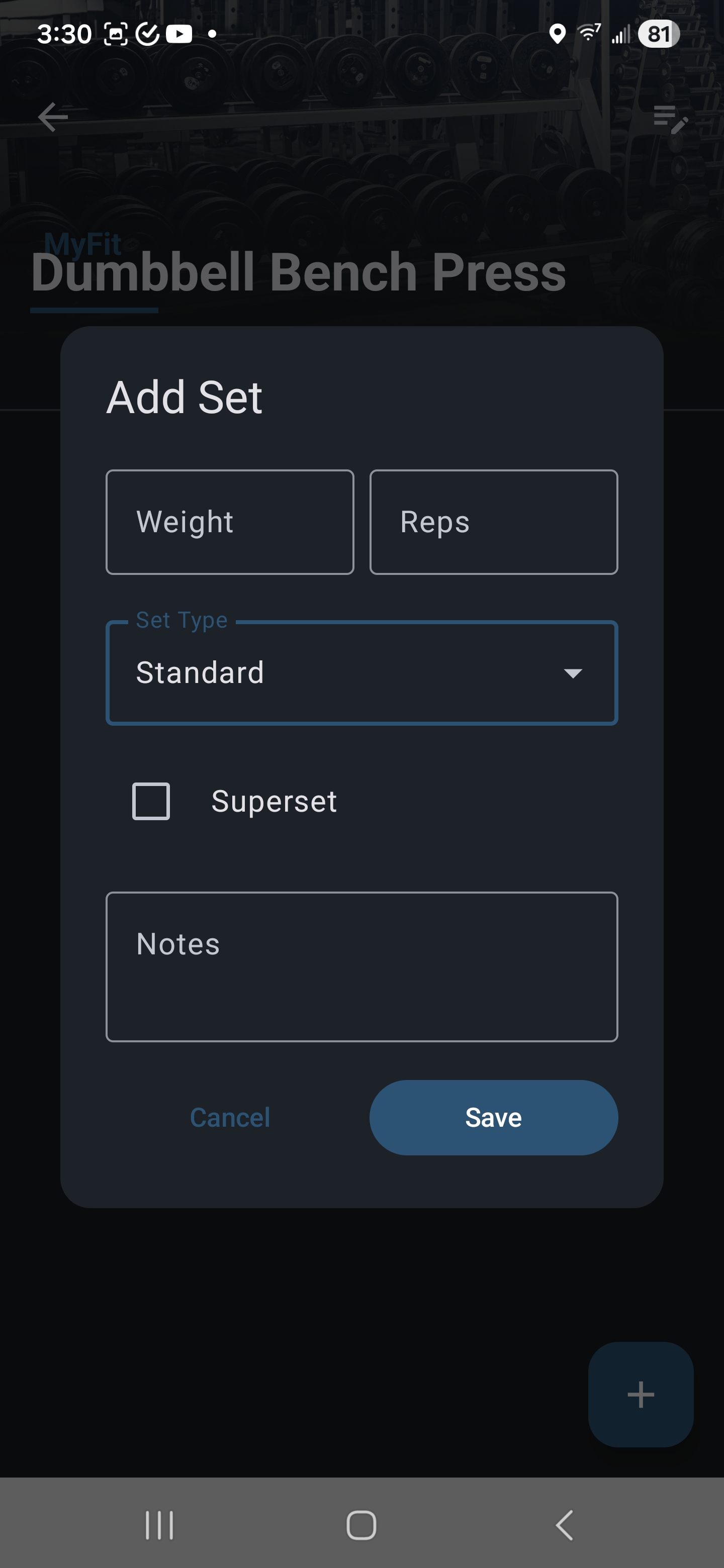 MyFit add set with advanced set types