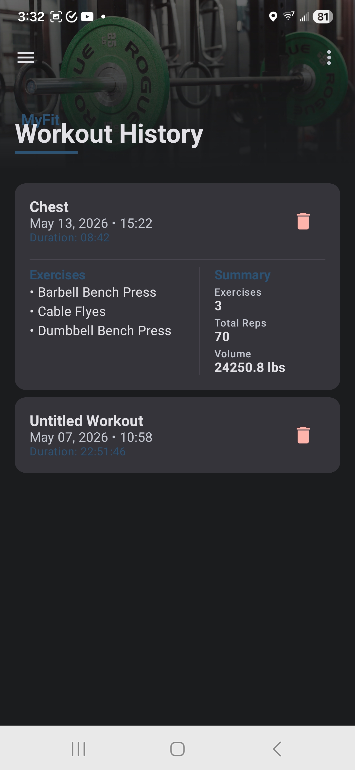 MyFit workout history with detailed session summaries